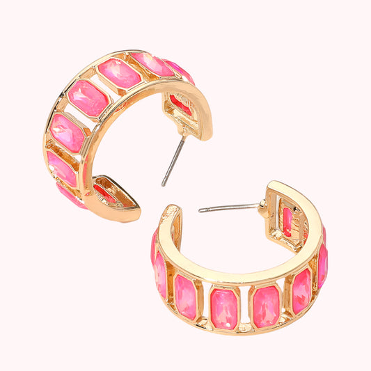 Rectangular Faceted Stone Around Hoop Earrings